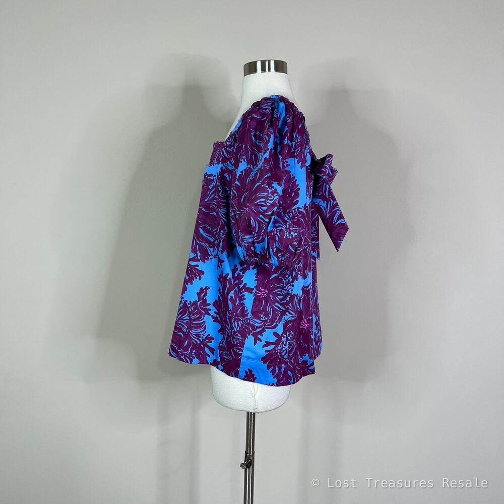 Lilly Pulitzer | Torrey Floral Puff Sleeve Blue Purple Square Neck Top Blouse 12 - Picture 7 of 10